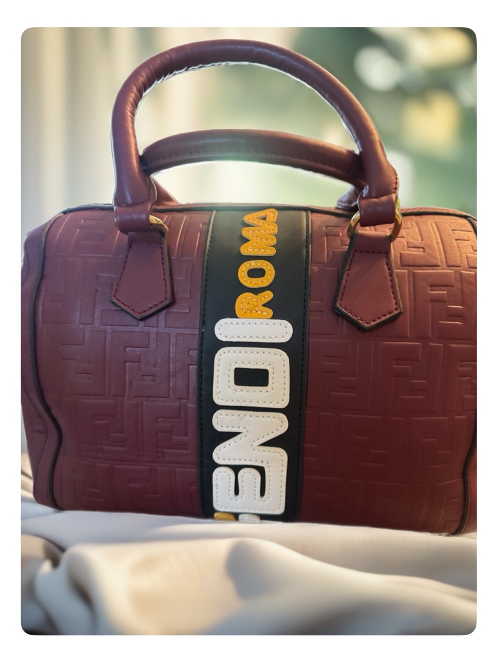 Fendi Burgundy Leather Satchel with Black Logo Stripe